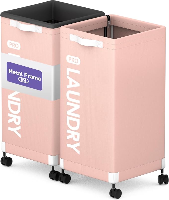 Caroeas Next-Gen 105L Matel Frame Laundry Basket with wheels, Heavy Duty Tall Rolling Laundry Hamper with Removable Wash Bag, Collapsible Freestanding Clothes Hamper For Laundry Room (105L,Pink,2Pack) by Caroeas