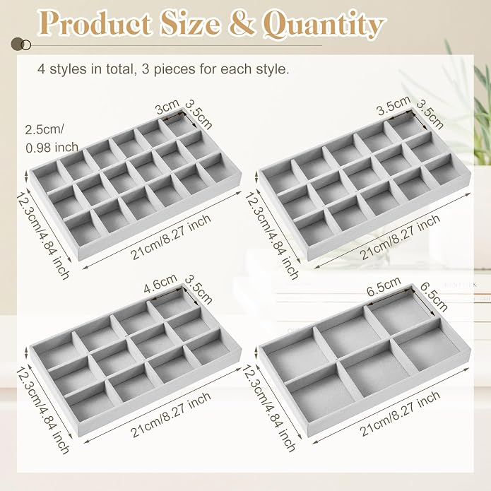 Junkin 12 Pcs Jewelry Tray Velvet Stackable Jewelry Organizer Trays Divided Earring Accessories Storage Containers Box (Rose Red) - Image 2