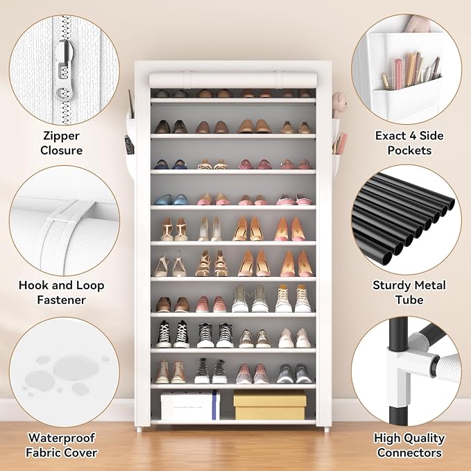 ROJASOP Shoe Rack with Covers 10 Tier Large Shoe Organizer Tall Shoe Closet Storage for 50-55 Pairs Shoe and Boot, Free Standing Shoe Rack Organizer for Closet, Entryway, Bedroom, White - Image 4