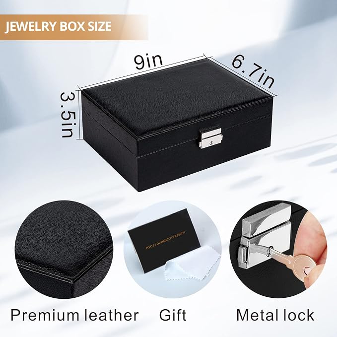 Jewelry Boxes for Women Girls 2 Layers leather Jewelry Organizer Case with Lock Storage Box Removable Tray for Necklace Earring Ring with Polishing Cloth and Jewelry Bags - Image 5