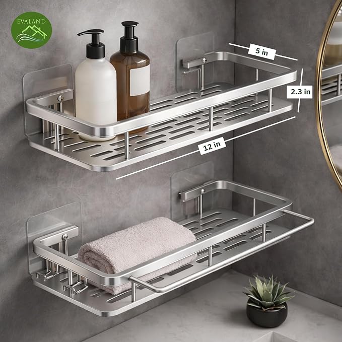 EVALAND Shower Caddy Adhesive 2-Pack with Hooks and Rod for Towels, Silver – Premium Bathroom Shower Shelves, Shampoo Organizer, Bathtub Shelf, Rustproof, Easy Installation, Sturdy Modern Look - Image 2