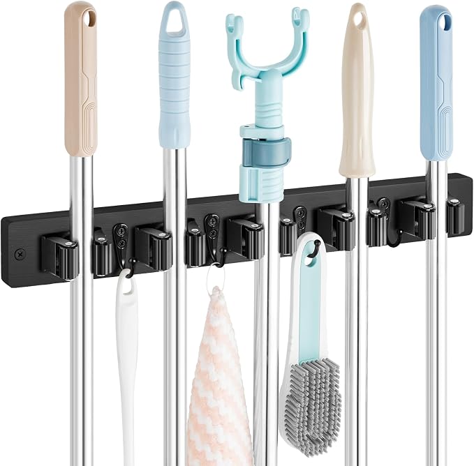 OUTNILI Mop and Broom Holder Wall Mount - Black Broom Mop Hanger - Wall Mounted Garden Tool Rack Organizer for Closet Garage Laundry Room Kitchen Decor With 5 Slots & 4 Hooks by OUTNILI