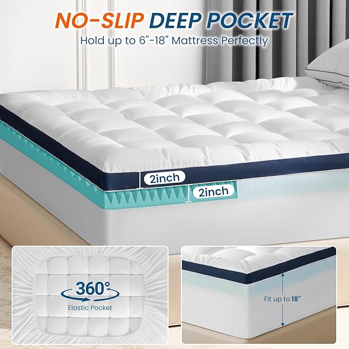 4 Inch Memory Foam Dual-Layer Mattress Topper Queen Size - 2Inch 1000GSM Quilted Pillow Top with Down-Alternative + 2Inch 5-Zone Egg Crate Memory Foam, Cooling & Breathable（Queen,60"x80"）