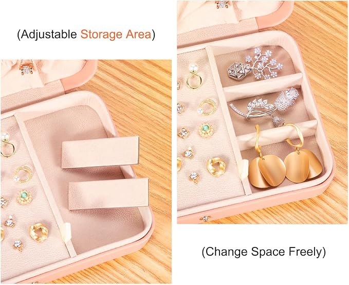 LANDICI Small Jewelry Box for Women Girls, PU Leather Travel Jewelry Case, Portable Jewelry Organizer Storage Holder Display for Ring Earrings Necklace Bracelet Bangle Men Kids Gift, Pink - Image 4