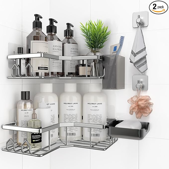 Adhesive Shower Caddy, 6 Pack Corner Bath Organizer, Rustproof Stainless Steel Shower Shelves with Large Capacity, No Drilling Shelves for Bathroom Storage, Home, Kitchen Decor (Silver). by Unknown