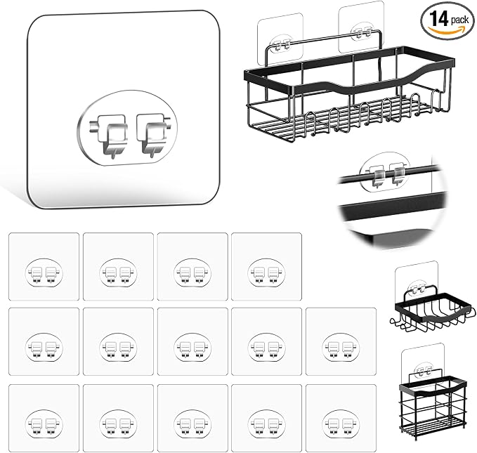 Shower Caddy Adhesive Single Hooks for Replacement, Shower Holder Organizer Self Adhesive Wall Hooks for Bathroom Corner Shelf Basket Soap Dish (Transparent-14Pack 1 Hooks) by HAOBAOBEI