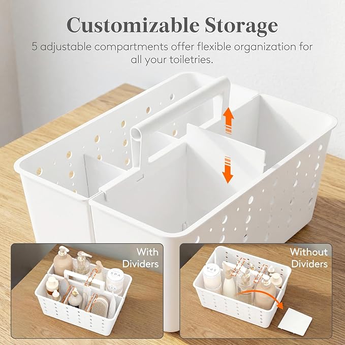 Lifewit Shower Caddy Portable, Cleaning Supplies Caddy Organizer with Handle and Adjustable Dividers, Plastic Shower Basket for Dorm Room Essentials, College, Bathroom, White, 2 Packs - Image 3