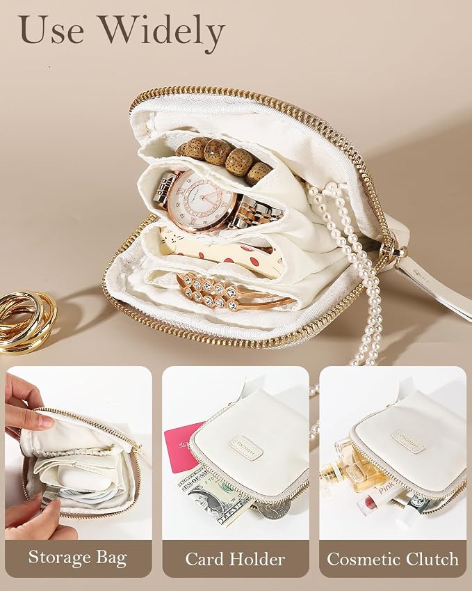 COOLYOUTH Travel Jewelry Case Organizer for Women Portable Jewelry Box with Small Pouches Mini Jewelry Bag for Rings, Bracelets, & Bangles with Smooth Metal Zipper (Ivory) - Image 4