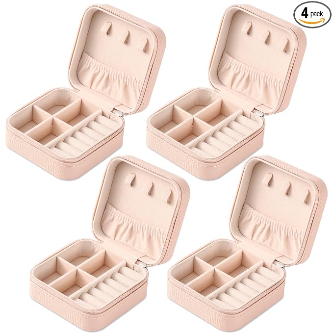 Neveika Portable Travel Mini Jewelry Box Leather Jewellery Ring Organizer Case Storage Gift Box Girls Women (4pcs pink). by NEVEIKA