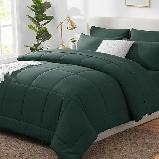 CozyLux Queen Comforter Set Forest Green, 7 Pieces Bed in a Bag, Green Comforters Queen Size, All Season Bedding Sets with Stitch Quilted Comforter, Flat Sheet, Fitted Sheet, Pillowcases