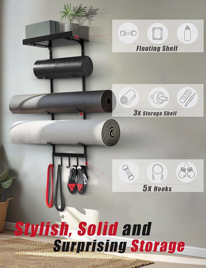 Yoga Mat Holder Wall Mount, Home Gym Storage Rack with Top Floating Shelf, 4-Tiers Holding Yoga Mat/ Blocks/ Rollers and Decorations, 5 Hooks for Resistance Bands, Skipping-Rope, Small Gym Equipment - Image 2