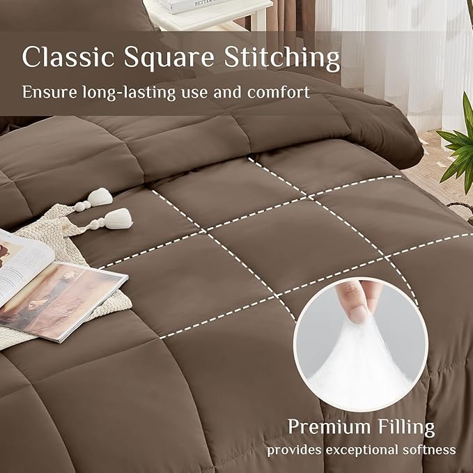 JOLLYVOGUE Queen Comforter Set, Ultra-Soft Bed in a Bag Queen Size 7 Pieces, Oeko-TEX Certified Bedding Set with Down Alternative Comforter, Sheets, Pillowcases & Shams, Brown