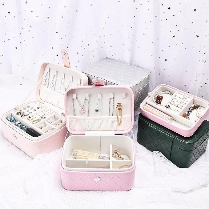 Jewelry Travel Case, 2-Layer Jewelry Box Organizer Medium Jewelry Travel Box, Portable Faux Leather Jewellery Storage Boxes with Argyle for Women, Daily Jewellery Case Home Use (Apricot beige) - Image 7