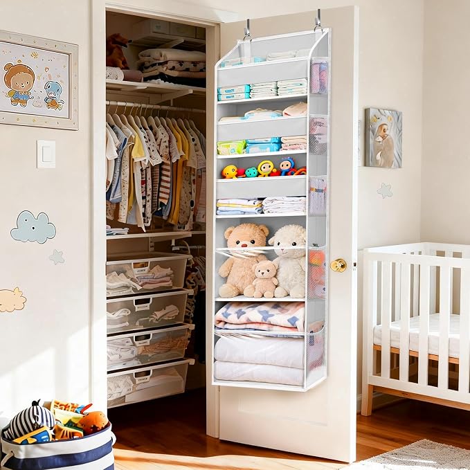 5 Tiers Over Door Organizer with 10 Mesh Side Pockets, 44 lbs Weight Capacity Hanging Storage Organizer with Clear Window Kids Toys, Shoes, Diapers, Light Gray - Image 5