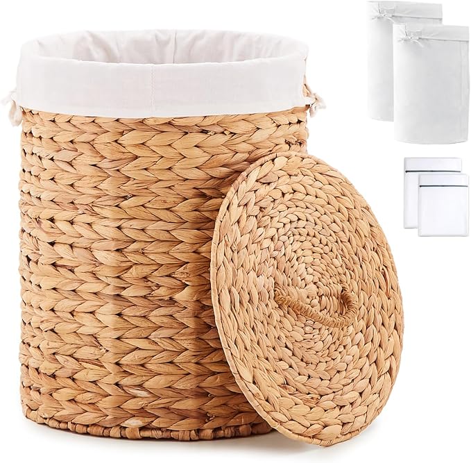 Round Water Hyacinth Laundry Hamper with Lid Handwoven Wicker Basket with Handles for Dirty Clothes, Storage, and Organization, No Assembly Required, 40L by LGENHOOMHandwovenNaturalWaterHyacinthBasket