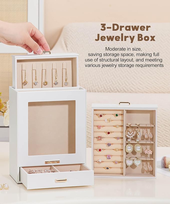 Mothers Day Gifts Homde Jewelry Organizer Girls Women Jewelry Box for Necklaces Rings Earrings Gift Bracelets Storage Case (White + Gold) - Image 4