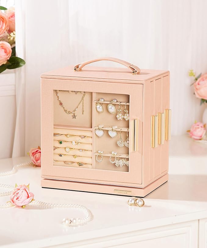 Homde Jewelry Box 360° Rotating, Necklace Earring Organizer with Transparent Window, Mirror, 7 Drawers, Large Ring Display Storage Case for Girls Women (Peach Pink) - Image 2