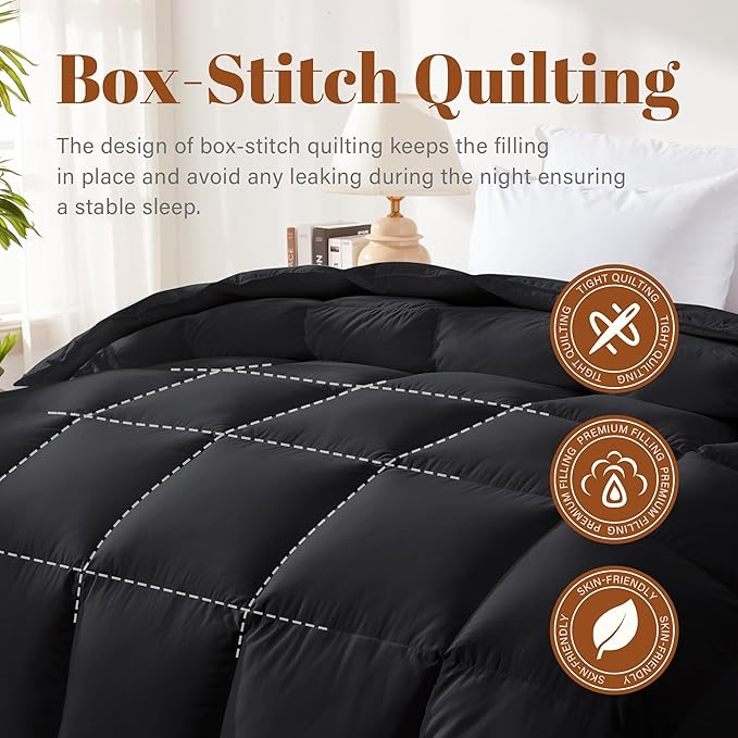 Feather and Down Comforter Insert Queen Size, 100% Cotton Cover, All Season Black Down Feather Duvet Insert, Fluffy Soft Hotel Luxury Bedding for Bedroom, 90 x 90 Inches