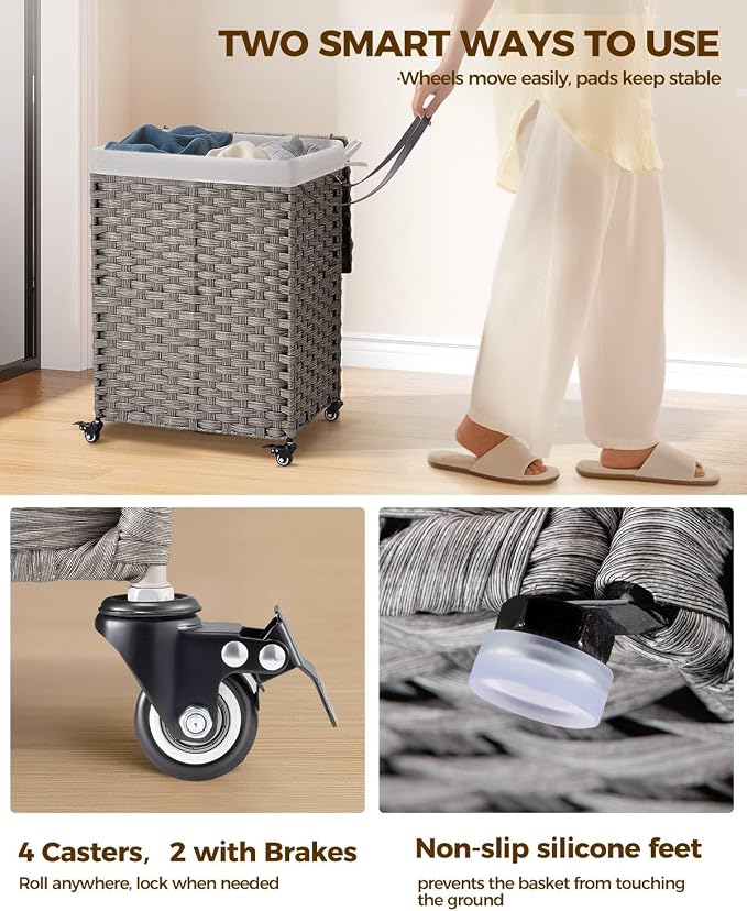 Greenstell Laundry Hamper with Wheels, No Install Needed, 90L Divided Handwoven Hampers & 2 Removable Liner Bags, Rattan Clothes Laundry Basket with Lid & Handles, Foldable Hampers Gray 18x13x26.4 In - Image 3