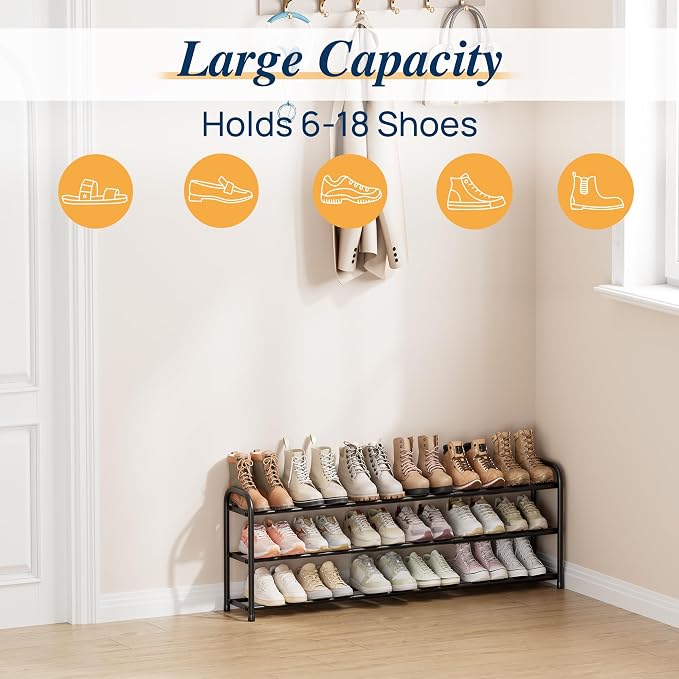 ENJOYBASICS 3 Tier Expandable Shoe Rack for Closet, Free Standing Metal Shoe Shelf Storage Organizer Holder 18 Pairs, Adjustable Width Shoe Rack for Entryway Small Space, Black - Image 4