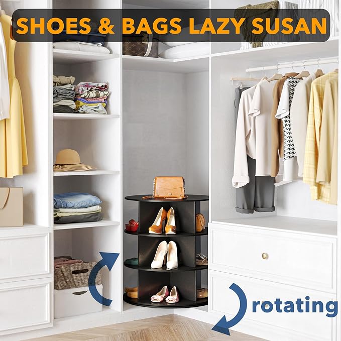 SpaceAid 3 Tier Rotating Shoe Rack Tower, Spinning Shoe Display Lazy Susan, Revolving 360 Shoe Rack Storage Round Carousel, Vertical Handbag Rotate Shoes Closet Organization (3-Tier Black) - Image 4