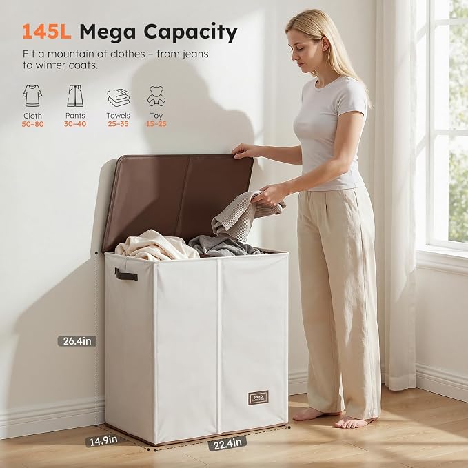 SOLEDI Luxury Double Laundry Hamper with Lid and Removable Bags, Large Hamper for Laundry, Laundry Basket 2 Sections, Collapsible Ditry Clothes Hamper for Bedroom, Laundry Room, Bathroom, Off-white - Image 2