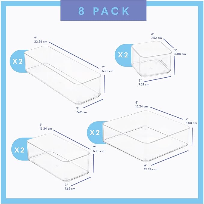 primebox Eight Piecs. Plastic Clear Drawer Organizers for Bathroom, Kitchen, Bedroom, Office Organizer Bins, Storage Trays. Heavy Duty, Stackable 4 Sizes - Image 3