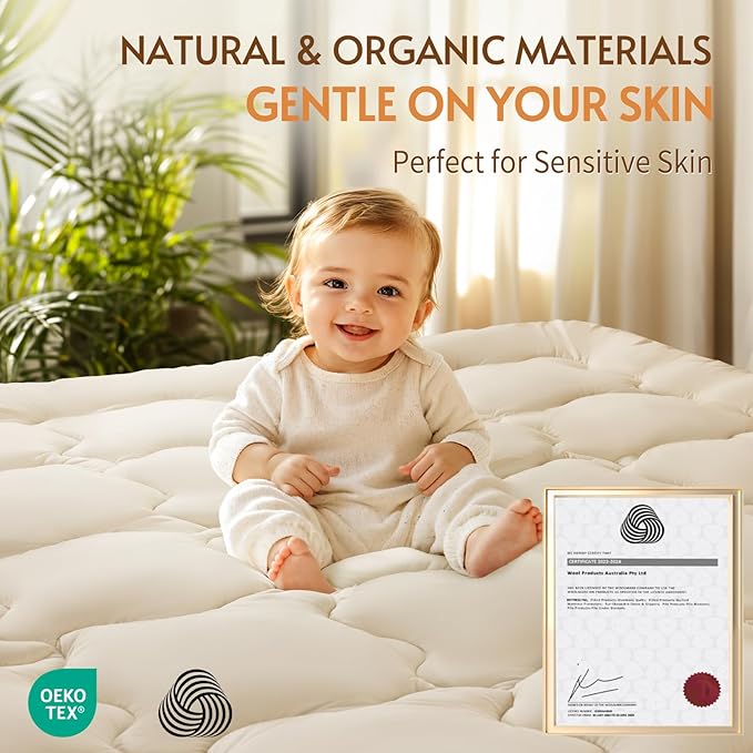 Luxury 100% Organic Wool Mattress Topper Made from Australian Merino,Extra Thick Pillow Top Mattress Pad with 100% Cotton Cover, Fuffy Mattress Cover (Beige, Queen(60"x80"))