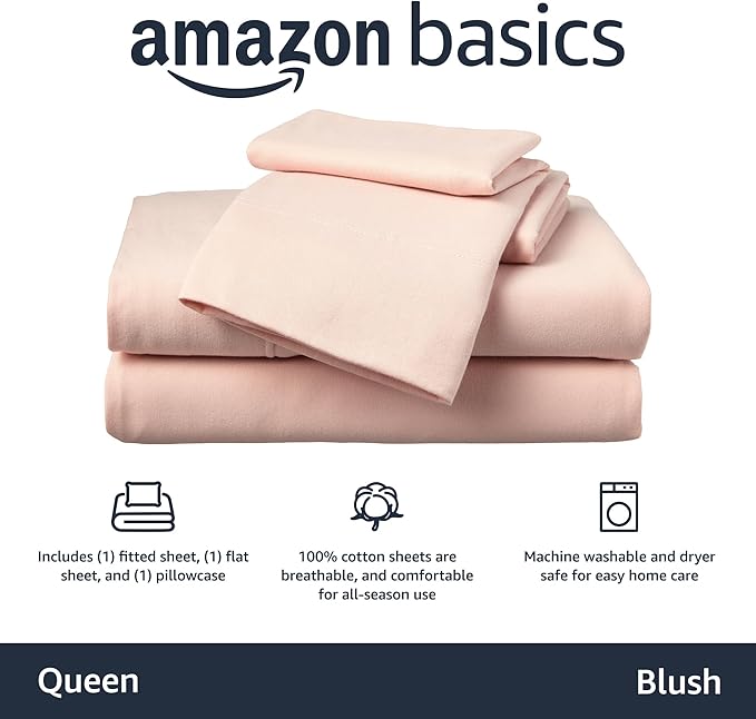 Amazon Basics 4 Piece Breathable 100% Cotton Jersey Knit Bed Sheet Set, Includes Flat and Fitted Sheets, Pillowcase, Queen, Blush