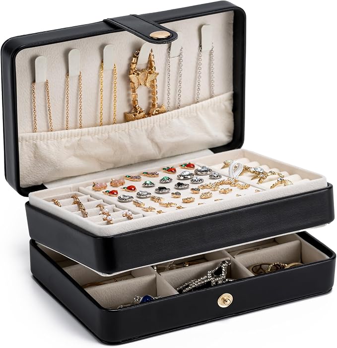 MODENGKONGJIAN Jewelry Organizer Box, 2-Layer Large Jewelry Storage Case, Portable Travel Jewelrys Display Holder for Earrings, Necklaces, Bracelets (Black, PU Leather) by MODENGKONGJIAN