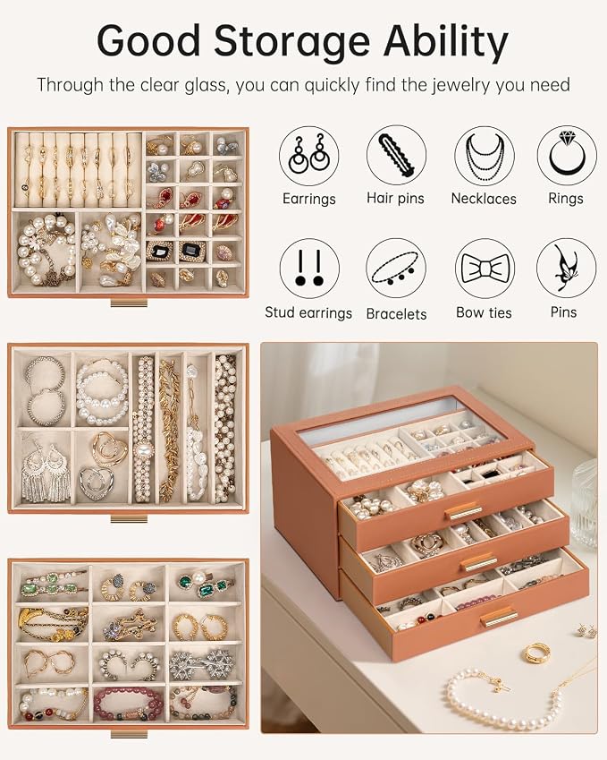 AKOZLIN Jewelry Box with Clear Lid Functional Leather Jewelry Storage Organizer Case 3 Drawers for Women Girls Necklace Ring Bracelet Earring - Image 3