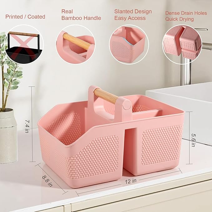 rejomiik Shower Caddy Portable with Bamboo Handle, Plastic Basket Cleaning Caddy Organizer Storage Tote for Bathroom, College, Dorm Room Essentials, Pink - Image 2