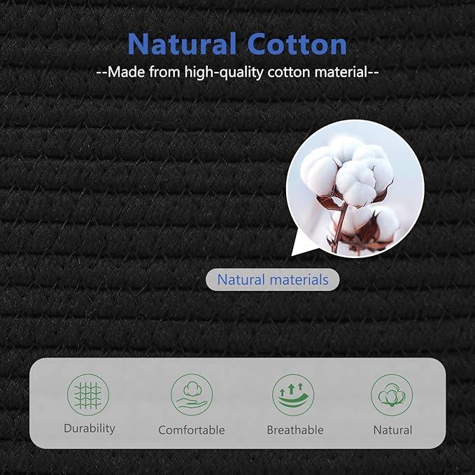 ECDYQXVU Cotton Rope Basket, Storage Baskets with Handle, 15x10x9 Inch Woven Basket for Shelves, Laundry, Towels, Clothes, Books, (Black 3Pack) - Image 2