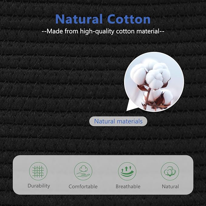 ECDYQXVU Cotton Rope Basket, Storage Baskets with Handle, 15x10x9 Inch Woven Basket for Shelves, Laundry, Towels, Clothes, Books (Black 1Pack) - Image 2