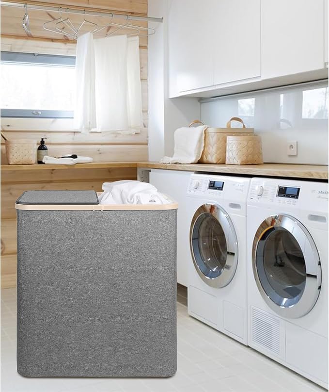 DOKEHOM 160L Double Laundry Basket with Removable Lid and Laundry Bags, Large Collapsible Laundry Hamper with 2 Sections (Dark Grey) - Image 7