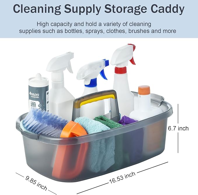 ALINK Plastic Cleaning Storage Caddy with Handle, Large Shower Caddy Basket Organizer for Dorm, Bathroom, Tool, Garden, Kitchen, Cleaning Supplies - Transparent Gray - Image 2