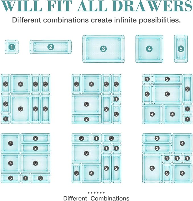 StorMiracle 13 PCS Drawer Organizer Set, 5 Varied Size Bathroom and kitchen Drawer cabinet organizer Trays, Clear Storage Bins for Makeup, Jewelry, Utensils and Gadgets - Image 4