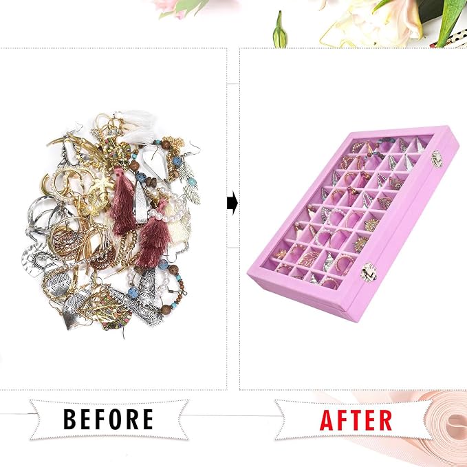 Siveit Velvet Jewelry Tray 48 Grid Jewelry Display Tray Organizer Box with Transparent Lid Rings Earrings Necklaces Pendants Display Box Suitable for Women and Girls (Pink) - Image 5