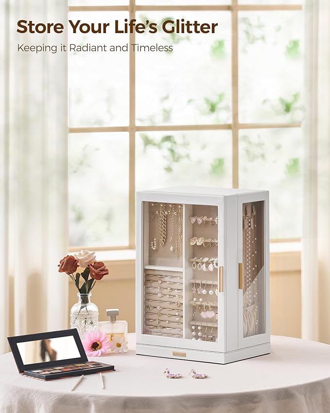 Glimmloop 360° Rotating Jewelry Box with 9 Drawers, Spacious Vertical Jewelry Organizer with Glass Window, Jewelry Storage Case, Dustproof & Moisture-resistant Design, White - Image 2