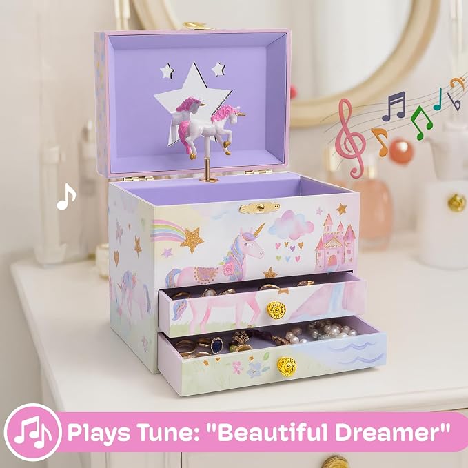 Jewelkeeper Enchanting Unicorn Musical Jewelry Box for Girls - Sparkling Rainbow Design Music Box with 2 Pullout Drawers to Store Earrings, Necklace and Bracelets - Plays The Beautiful Dreamer Tune - Image 4