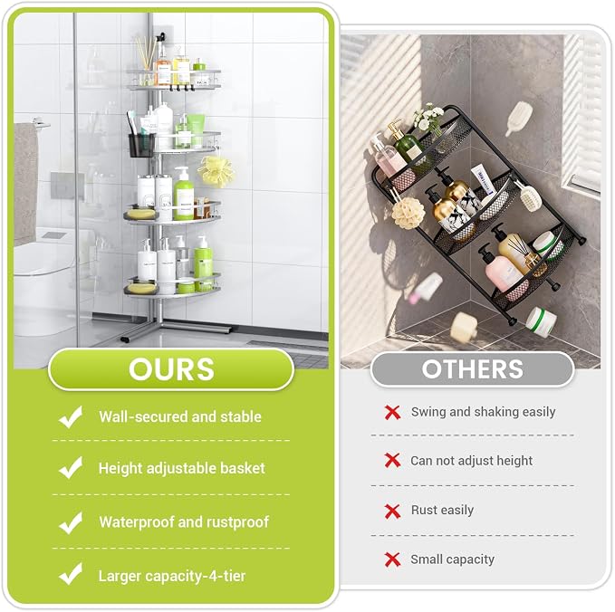 Aitatty Standing Shower Caddy Corner: 4-tier Rustproof Shower Organizer Shelf - Floor Shower Corner Shelf Rack Stand for Bathroom Chrome - Image 3