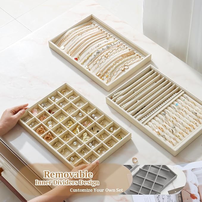 Large Velvet Jewelry Tray 2 Pack Stackable Jewelry Display Drawer Inserts Trays Organizer for Earring Bracelet Necklace Ring (Beige, 40 Grids) - Image 5