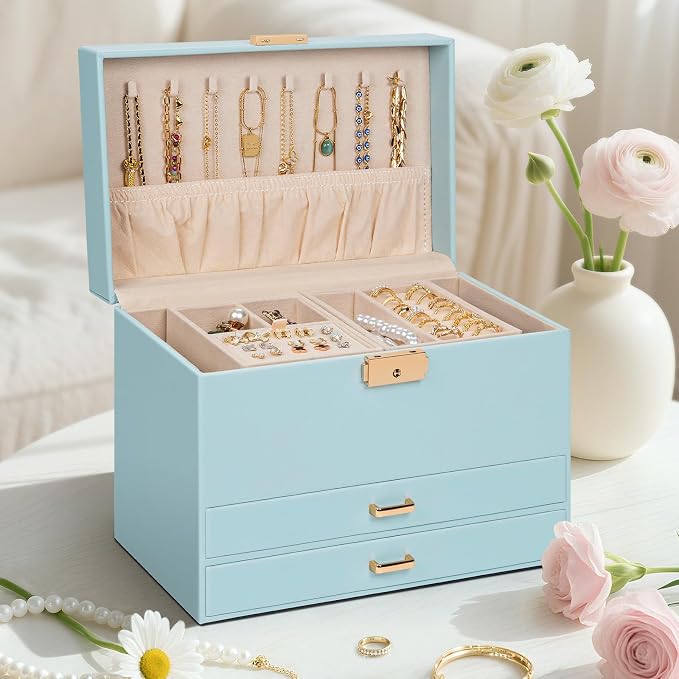 AKOZLIN Travel Jewelry Box Organizer Functional 2-trays Leather Jewelry Storage Case with Lockable Portable 2 Drawers for Women Girls Ring Necklace Earring Bracelet - Image 6