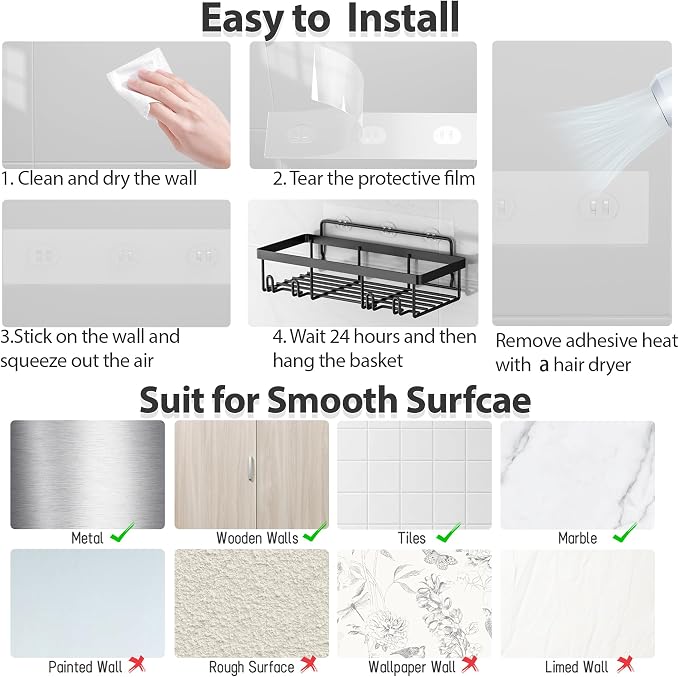 Liuoud 5 Pack Shower Caddy Organizer Rack Shelf for Inside Shower, Adhesive Bathroom Wall Storage Basket Rustproof Stainless Steel Shampoo Holder, Bathroom Accessory Decor Set, Black. - Image 7