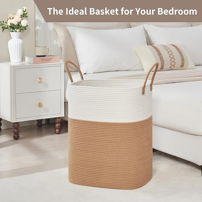 AINUOQI Laundry Basket with Handles - Blanket Basket & Hampers for Bedroom Aesthetic, Laundry Hamper & Blanket Storage for Living Room, Clothes Hamper, Tall, Large 17" x 14" x 22”, White & Jute - Image 6
