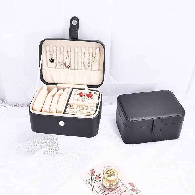 2 Layer Portable Jewelry Box, Large Jewelry Travel Case with 4 Jewelry Pouches, Medium Size Jewelry Organizer Box for Earrings, Necklaces, Bracelets (black) - Image 6