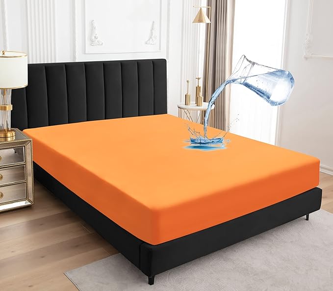 Sufdari Mattress Protector,Waterproof Mattress Cover Queen,18" Deep Pocket Mattress Protector,Fitted Sheet Style with Elastic Rubber Band,Washable and Easy Care-Orange,Queen