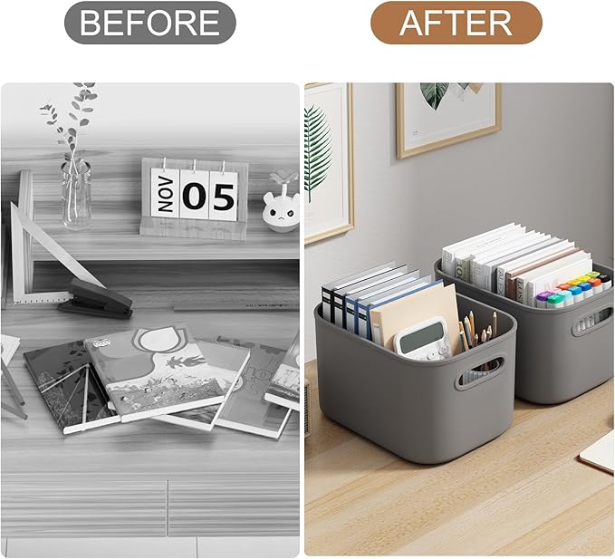 ORGIDOL 6 Pack Grey Storage Bins with Lids Stackable Storage Container for Organizing, Storage Boxes with Handle for Shelves, Cute Organizer Bins for Craft, Snacks, 9.85x6.9x5.7 inch - Image 7