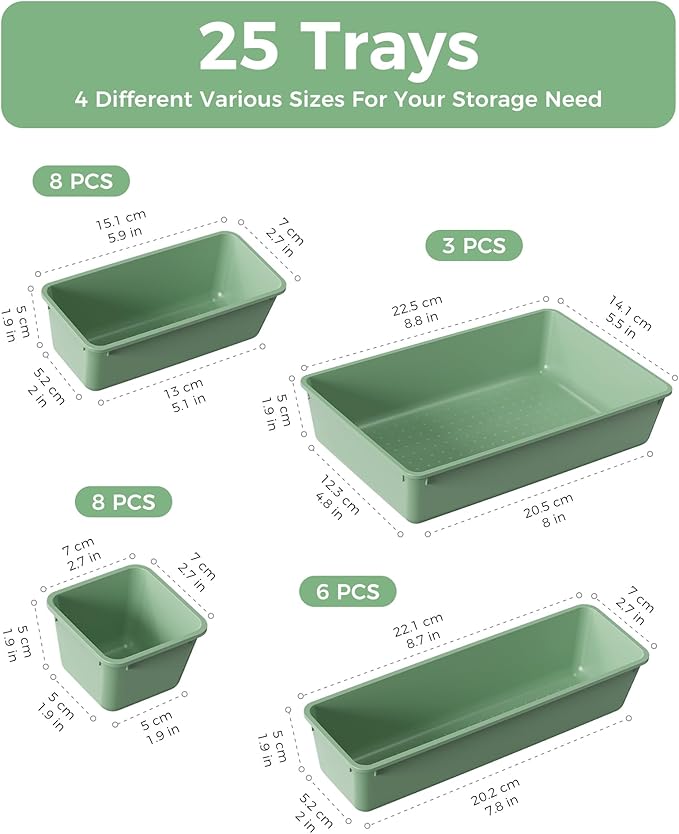 BiuLeon 25 PCS Plastic Drawer Organizers Set, 4-Sizes Vanity and Makeup Organizer, Desk and bathroom Drawer Organizer Trays, Organizers and Storage for Makeup, Jewelry, Gadgets, Utensils (Green) - Image 2