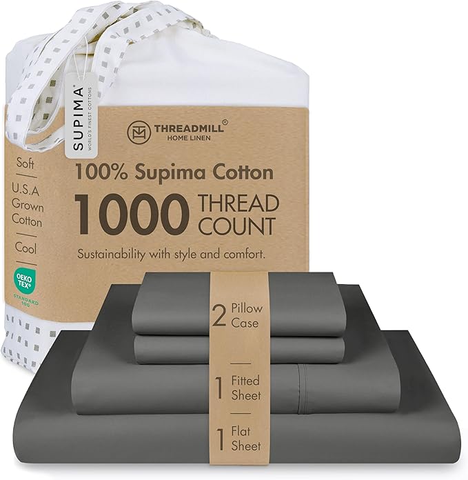 Threadmill Certified 100% American Supima Cotton Luxury Sheets, California-King Sheets, 1000 Thread Count Sateen Weave, 4 Pc Bed Sheets Set, Dark Grey Sheet with Elasticized Deep Pocket